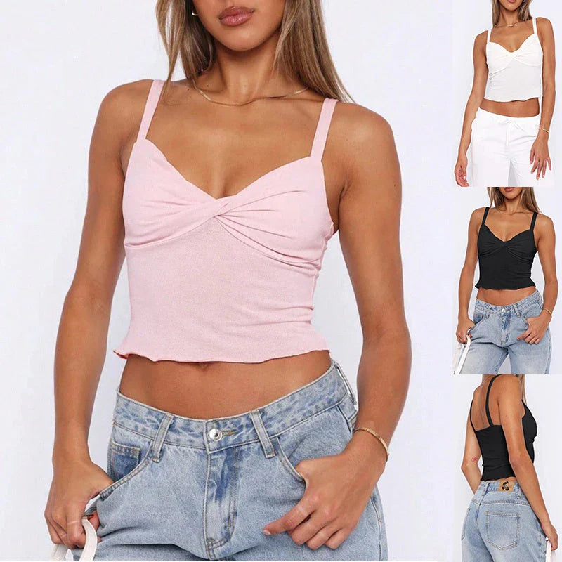 A versatile v-neck camisole top in a modern Y2K style, perfect for summer wear in the UK.