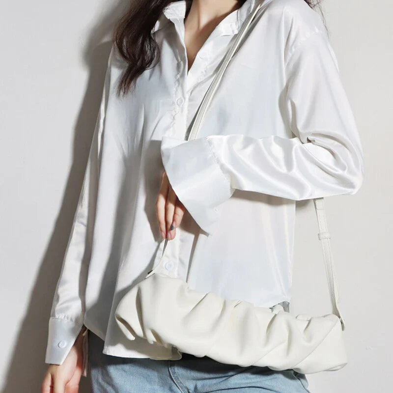 Pleated fashion one-shoulder diagonal handbag in various colours including white, yellow, green, black, and light blue