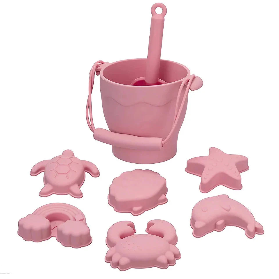 Premium eco-friendly silicone beach playset with bucket, spades, and themed molds for children's creative outdoor play