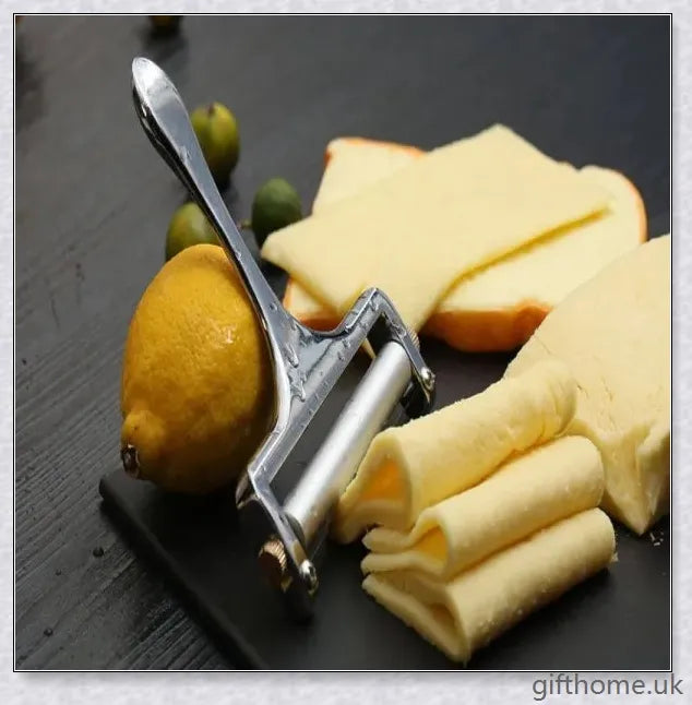 Adjustable cheese slicer with an ergonomic handle and a wire cutting mechanism for precisely slicing hard and soft cheeses to your desired thickness