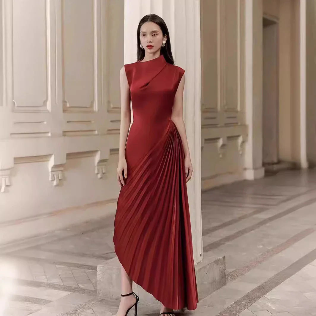 Elegant asymmetric dress with half turtleneck in wine red and milky white colours