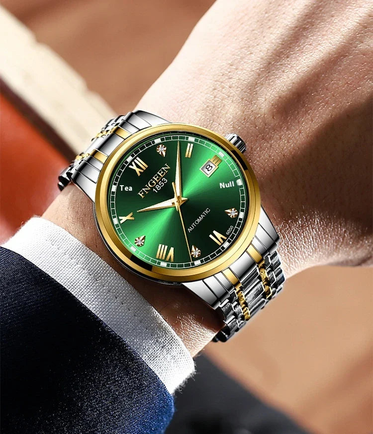 Premium automatic mechanical watch with leather strap, featuring a stainless steel case, luminous hands and markers, and a stylish British-inspired design
