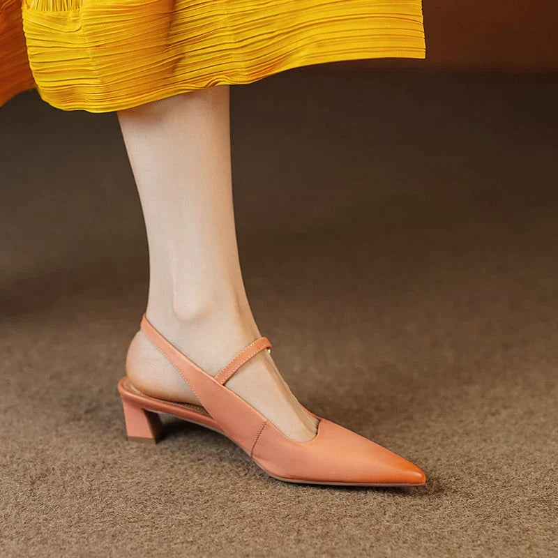 Elegant women's high heel sandals made from genuine leather with a stylish square heel and buckle strap closure