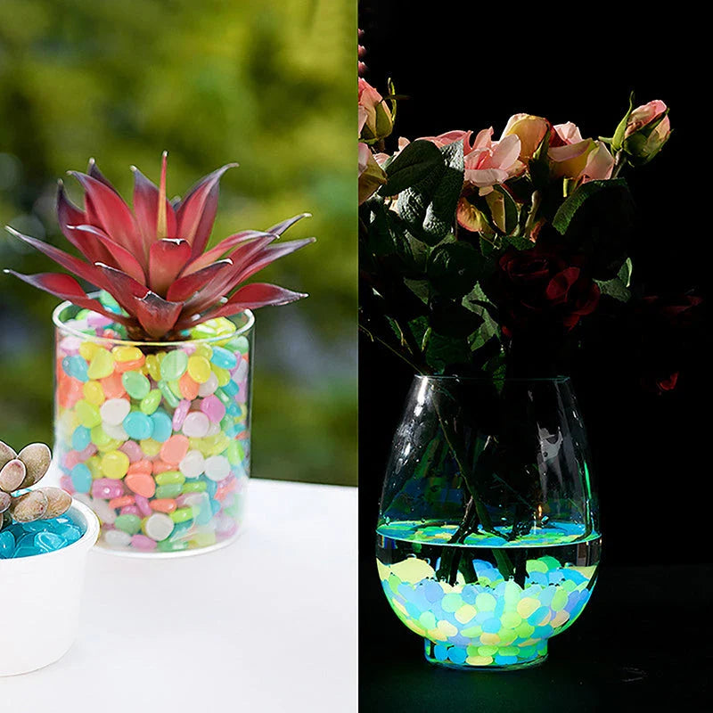 Enchanting glow-in-the-dark decorative pebbles illuminating a garden pathway at night