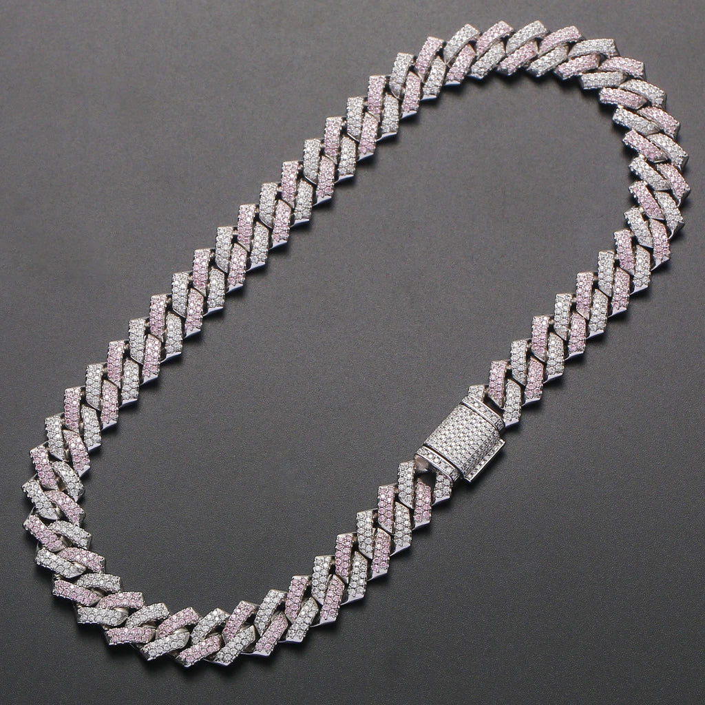 Stylish men's hip hop necklace with pink zircon stone and adjustable Cuban link chain