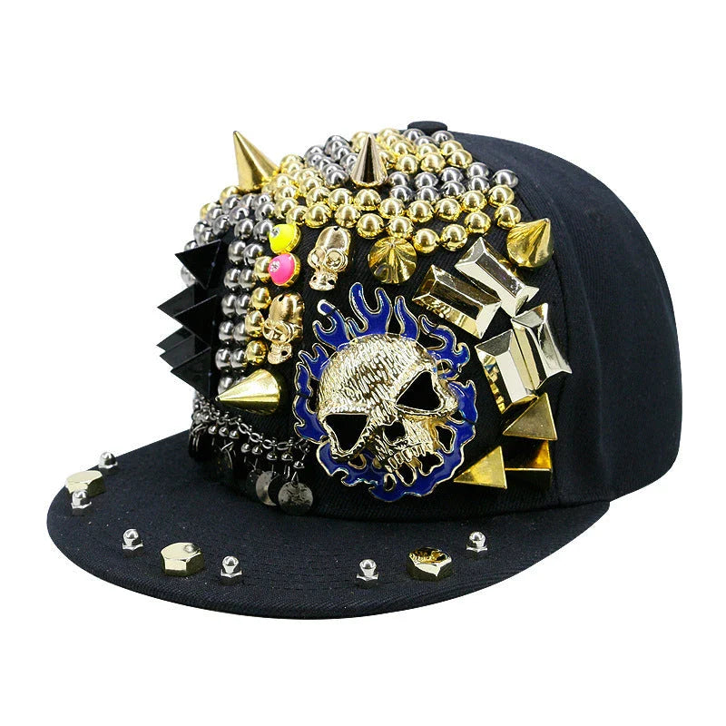 Stylish Ghost Head Baseball Cap with Rivets - Adjustable, Flat Brim, Premium Cotton-Polyester Blend
