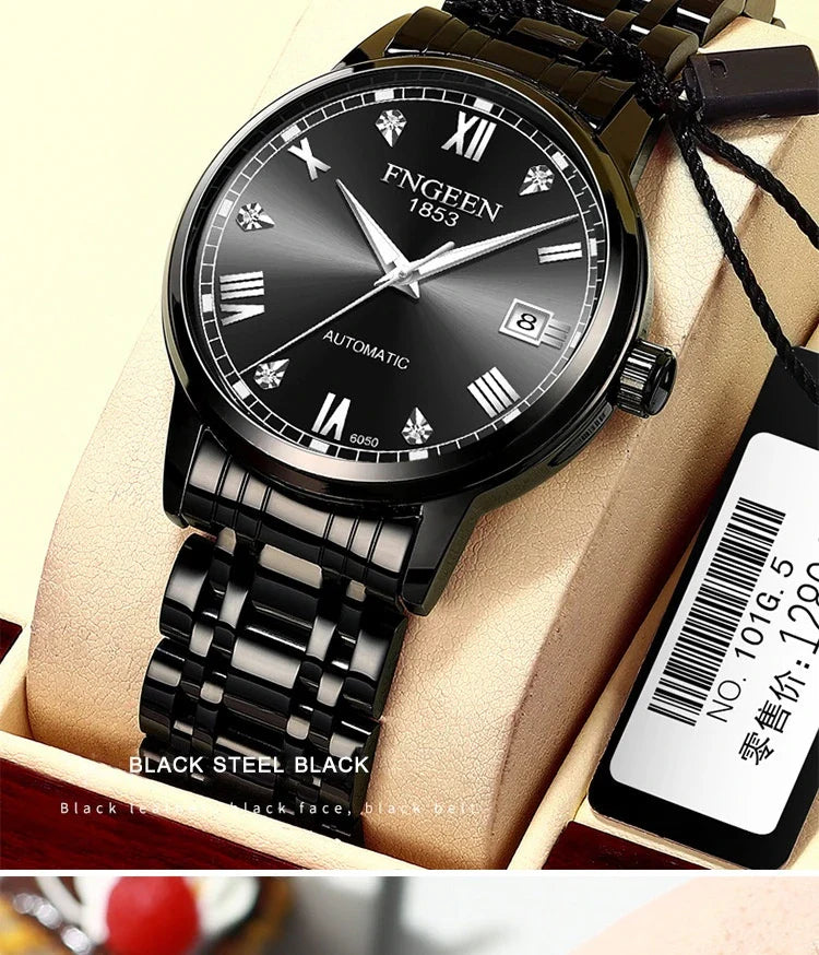 Premium automatic mechanical watch with leather strap, featuring a stainless steel case, luminous hands and markers, and a stylish British-inspired design