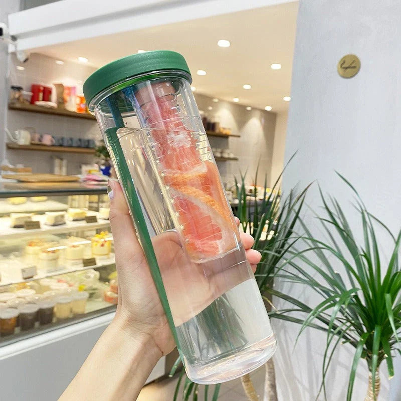 A transparent 700ml drinking bottle with a straw and built-in lemon filter, perfect for staying hydrated on the go.