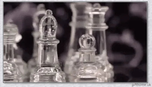 Acrylic Elegant Glass Chess Set with transparent board and frosted/clear glass pieces in small, medium and large sizes