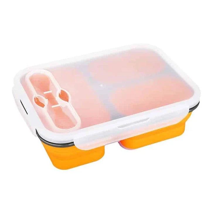 Collapsible silicone lunch box in orange colour, featuring a leakproof design and 1100ml capacity for on-the-go meals.