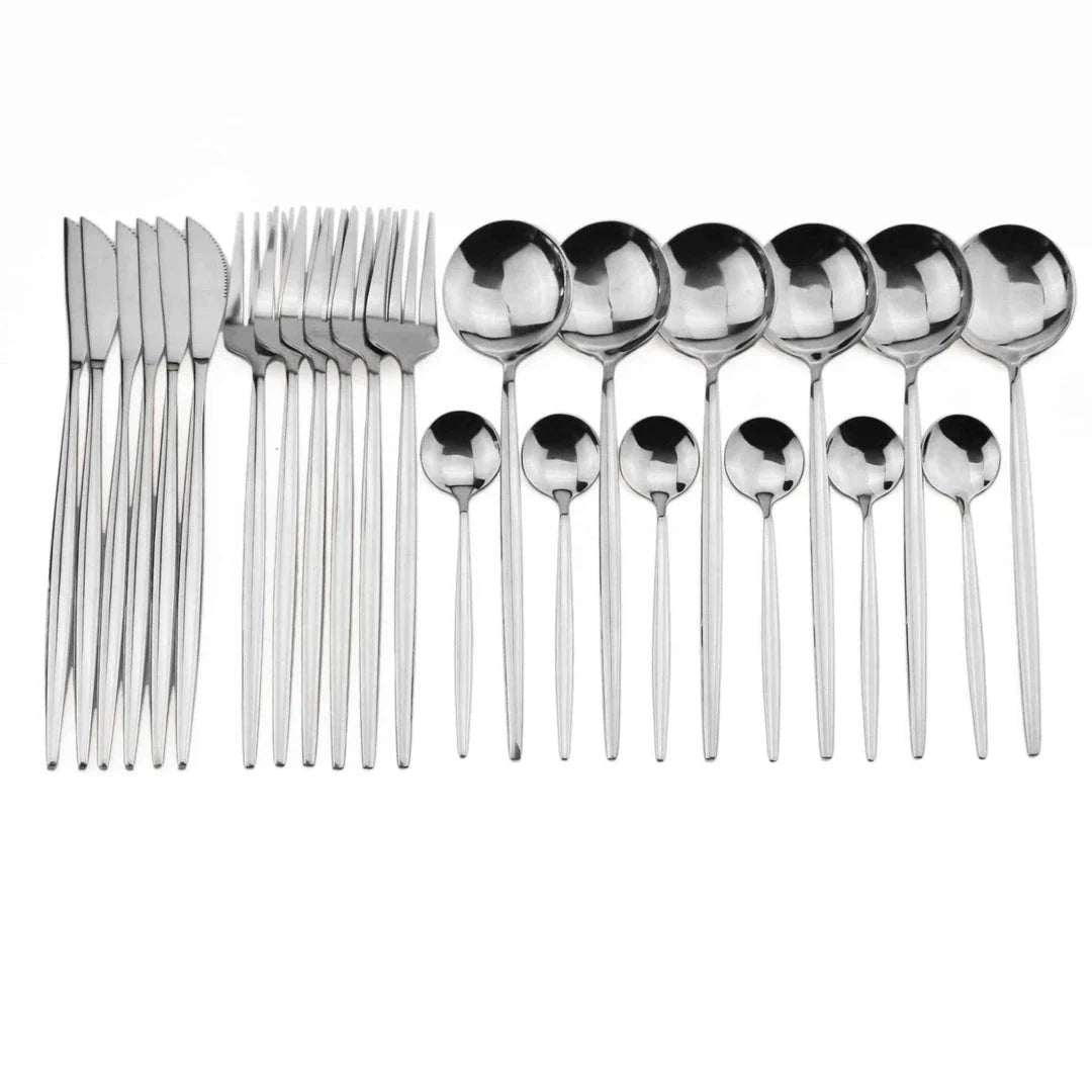Premium 24-piece stainless steel tableware set with elegant black handles, ideal for formal and casual dining in the United Kingdom