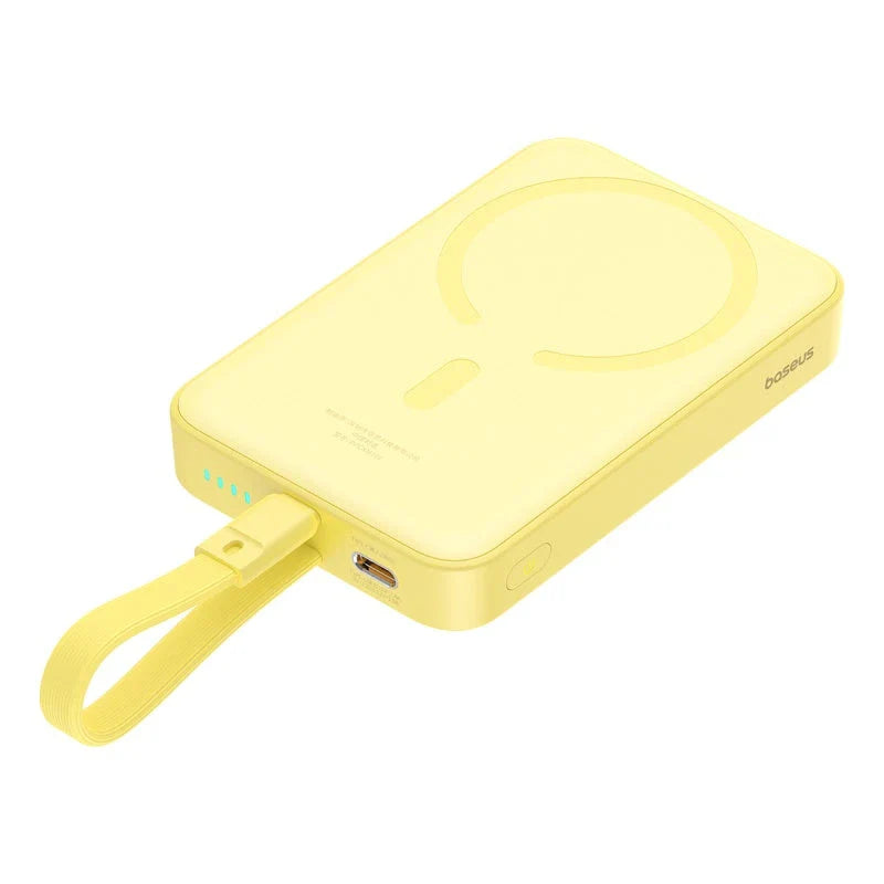High-capacity magnetic power bank with wireless fast charging and built-in cables, providing 10,000mAh of reliable power for mobile devices.