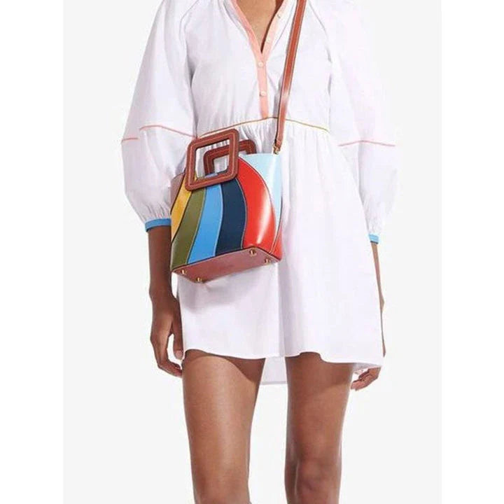 Stylish patchwork vegan leather tote bag with vibrant colour design and versatile carrying options