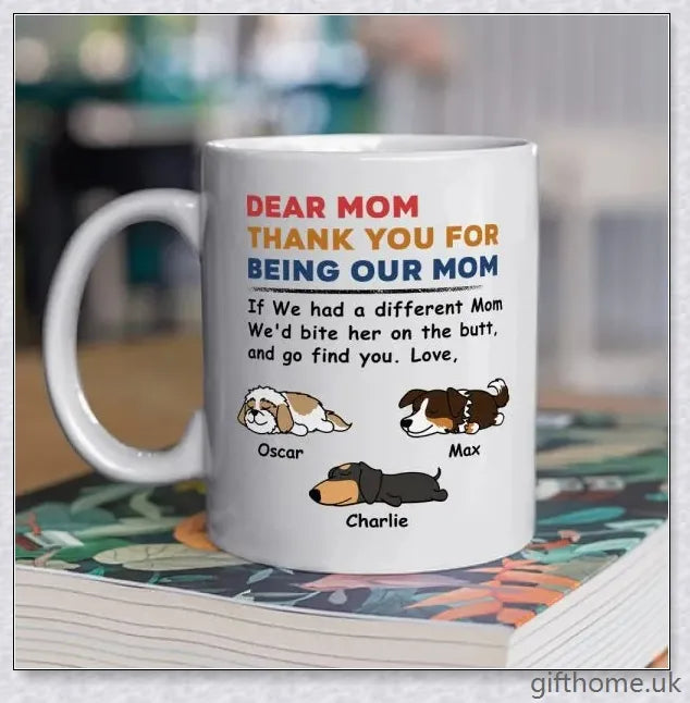 Personalized custom coffee mug with a playful and unique design, perfect for pet lovers and those with a quirky sense of humour.