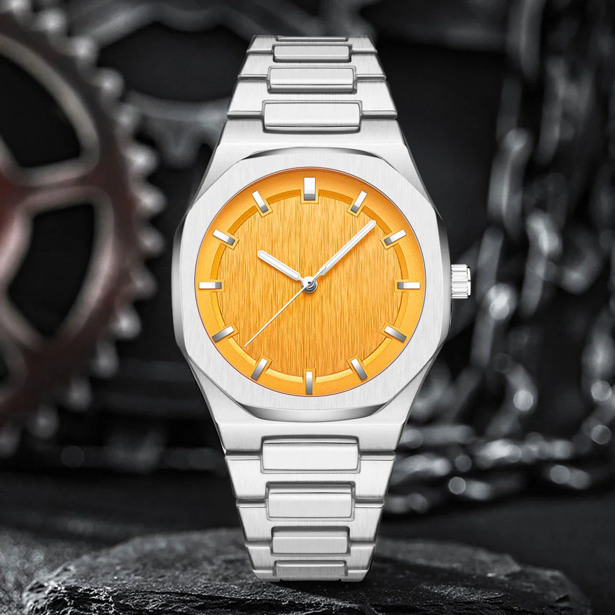 Sophisticated octagonal dial men's watch with stainless steel case and mineral-reinforced glass crystal