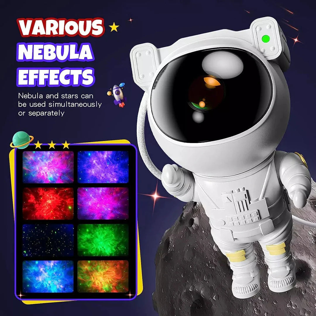 Astronaut-themed star projector lamp with rotating head and customisable features, creating a mesmerising nebula display in any room