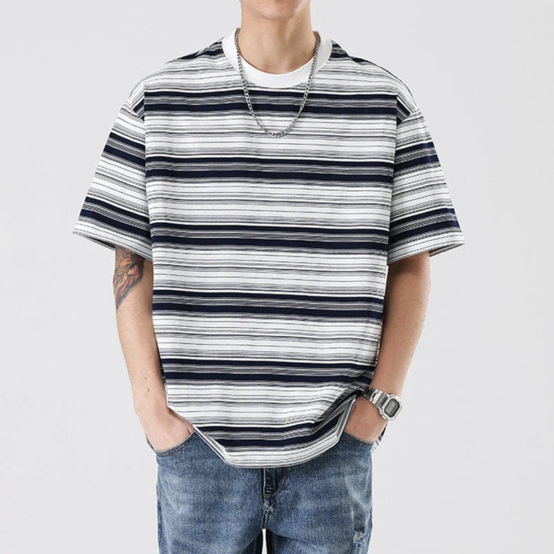 Retro contrast color striped teen t-shirt in navy blue, perfect for casual summer looks
