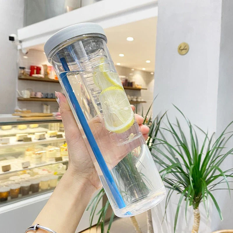A transparent 700ml drinking bottle with a straw and built-in lemon filter, perfect for staying hydrated on the go.