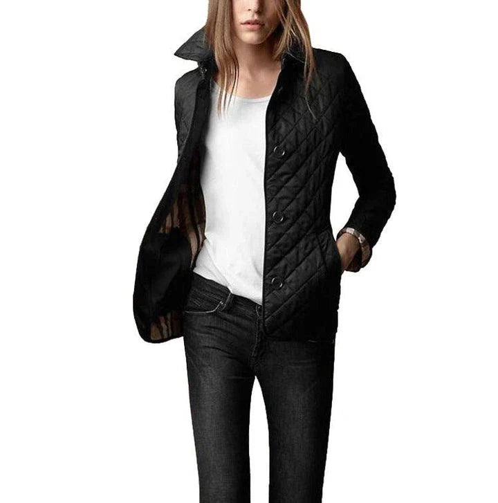 Stylish lapel single-breasted slim-fit warming jacket in black and beige colours, available in a range of sizes