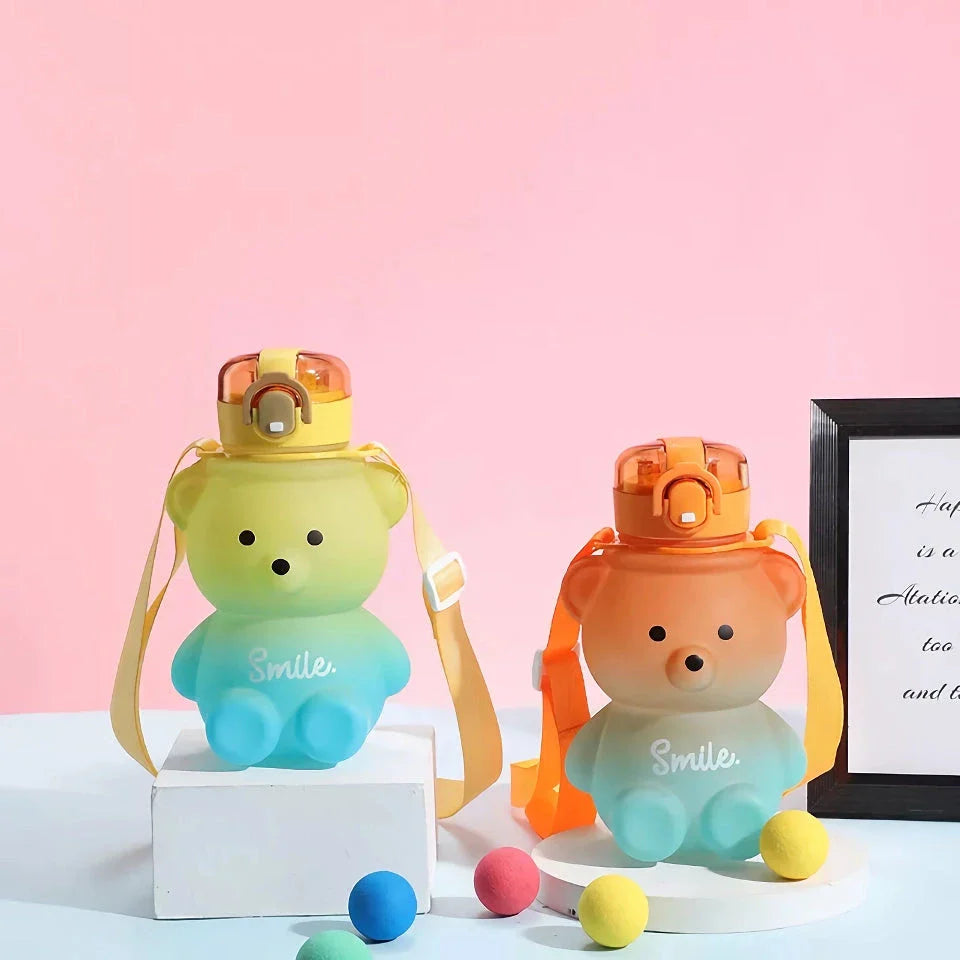 Charming gradient bear-patterned reusable water bottle with straw for convenient hydration on the go