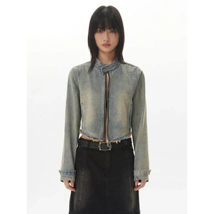 Retro Distressed Short Jacket with fur-trimmed sleeves, zipper closure, and chic O-neck design