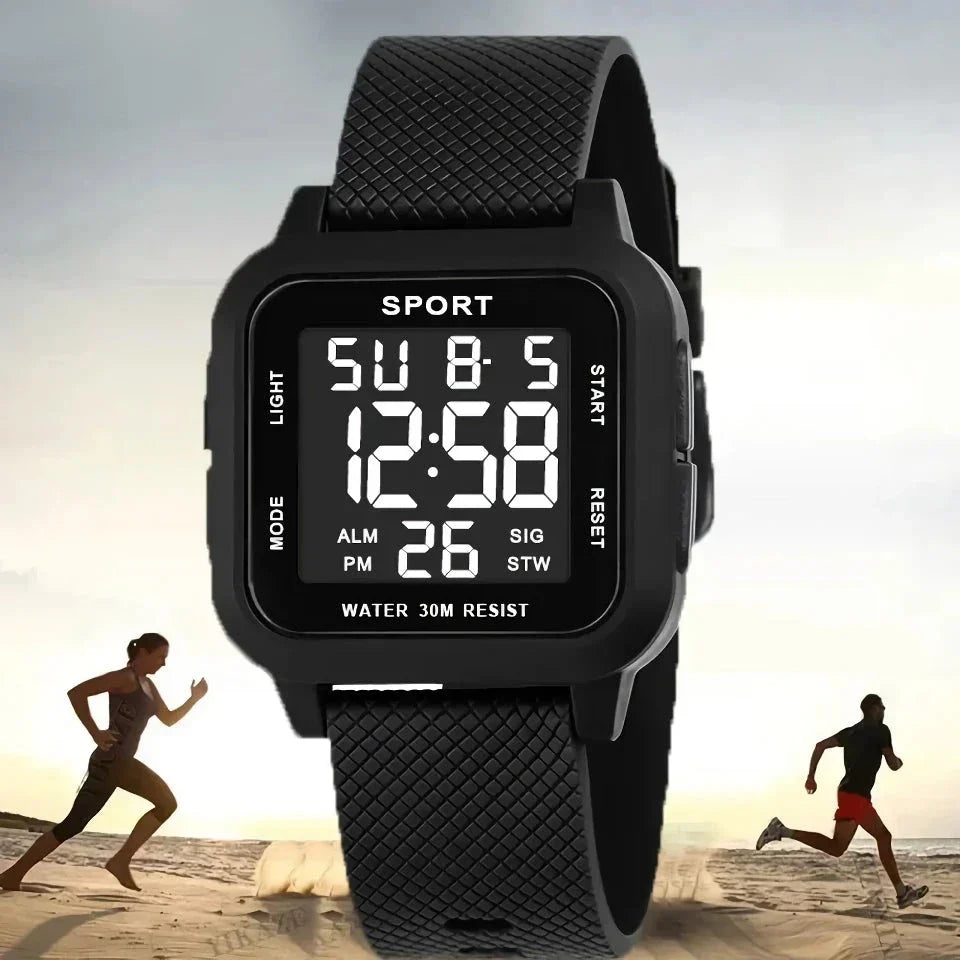 Rugged LED military sports watch with shock-resistant rubber case and tough TPU band, designed for adventurous men in the UK