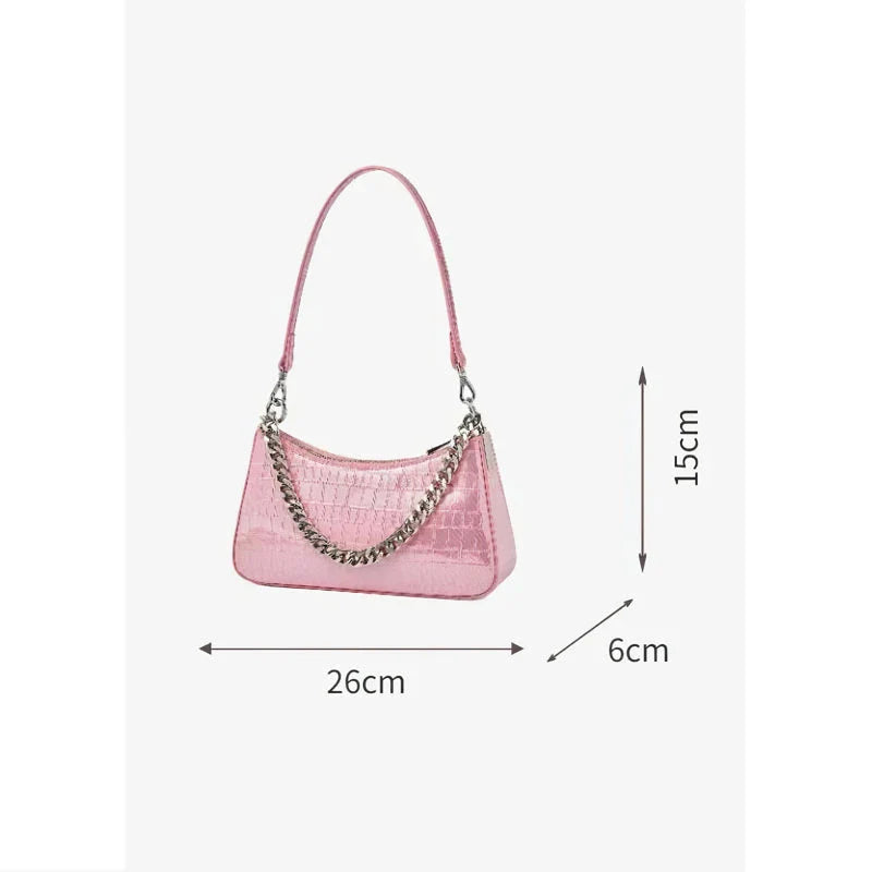 Luxurious alligator-embossed leather shoulder bag with chain accent and stylish lock embellishment