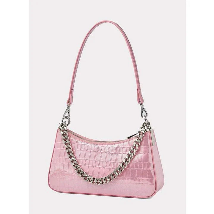 Luxurious alligator-embossed leather shoulder bag with chain accent and stylish lock embellishment