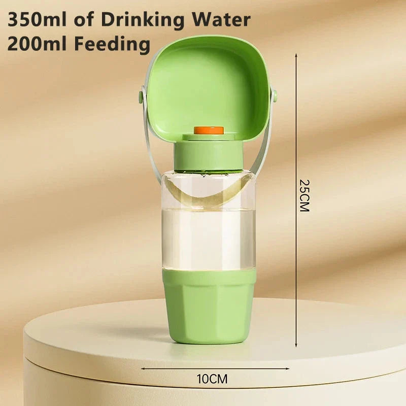 Portable pet water bottle and feeder with separate compartments for water and food, designed for easy hydration and feeding during outdoor adventures.