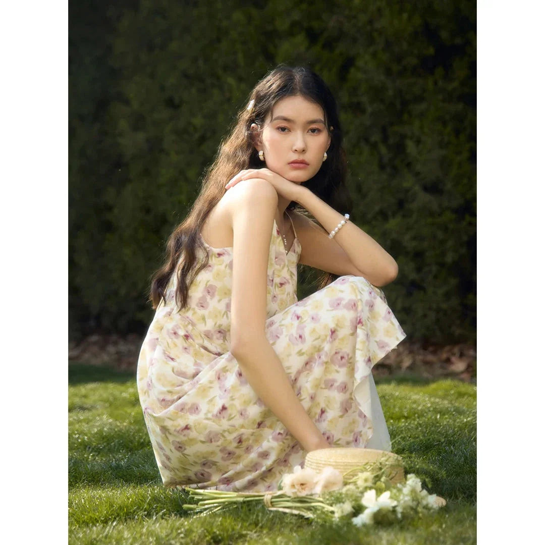 A classic floral suspender dress in a romantic, summer-inspired design