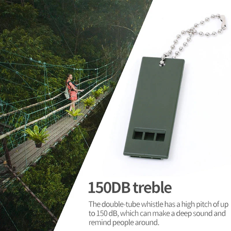 High-decibel outdoor survival whistle in dark green, made of durable polystyrene material for long-lasting use