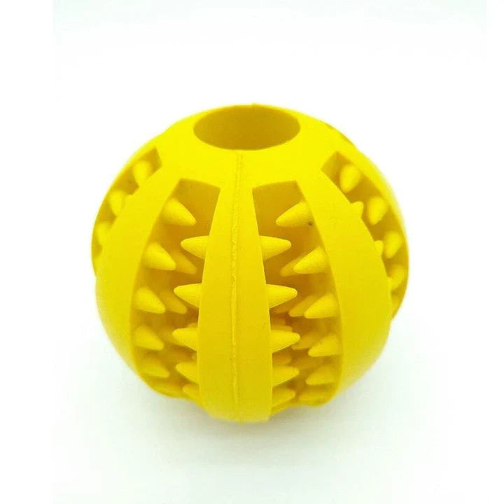 Premium natural rubber interactive ball for dogs in various colours, designed to provide mental stimulation and physical exercise.