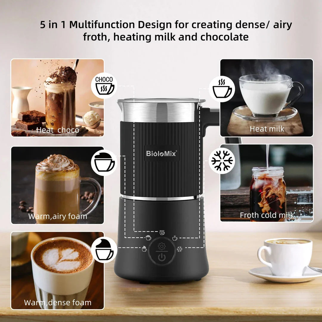 A stainless steel and black 5-in-1 automatic milk frother that can create hot, cold, and frothed milk for delicious coffee, latte, cappuccino, and hot chocolate drinks