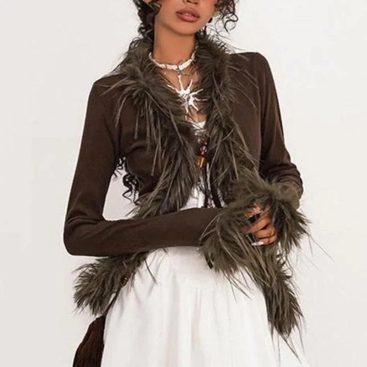 Stylish black faux fur patchwork knit cardigan with a lace-up V-neck design, perfect for spring fashion