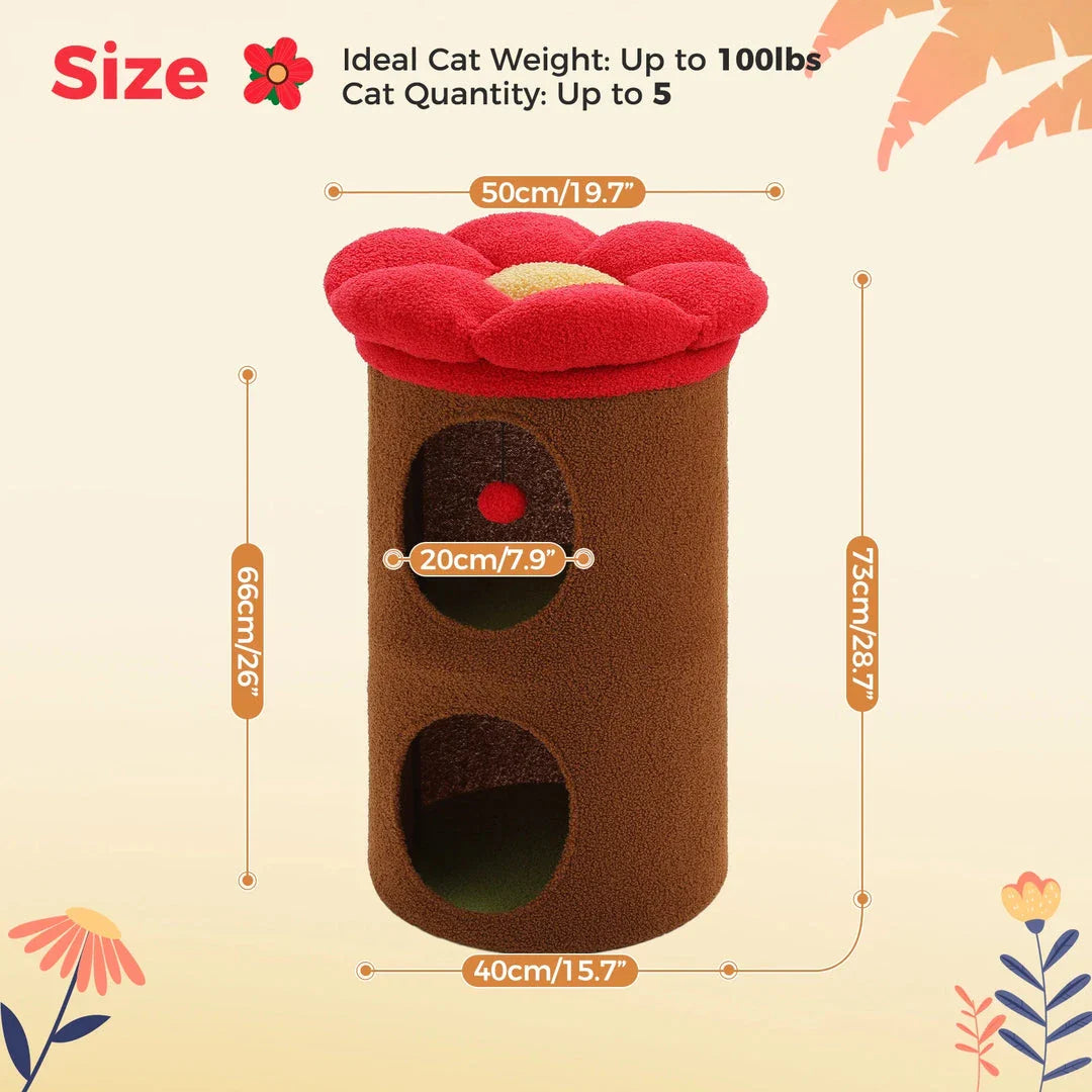 Luxurious double-decker cat bed with charming flower-shaped perch and interactive toy, made with soft corduroy fabric for maximum comfort.