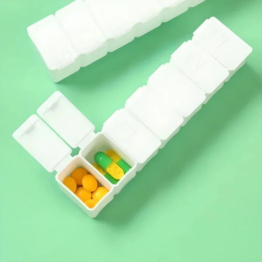 Colourful 7-day weekly pill organiser with clear compartments and lettering for easy medication management
