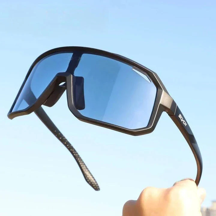 Pair of black photochromic cycling sunglasses with adjustable fit and UV400 protection