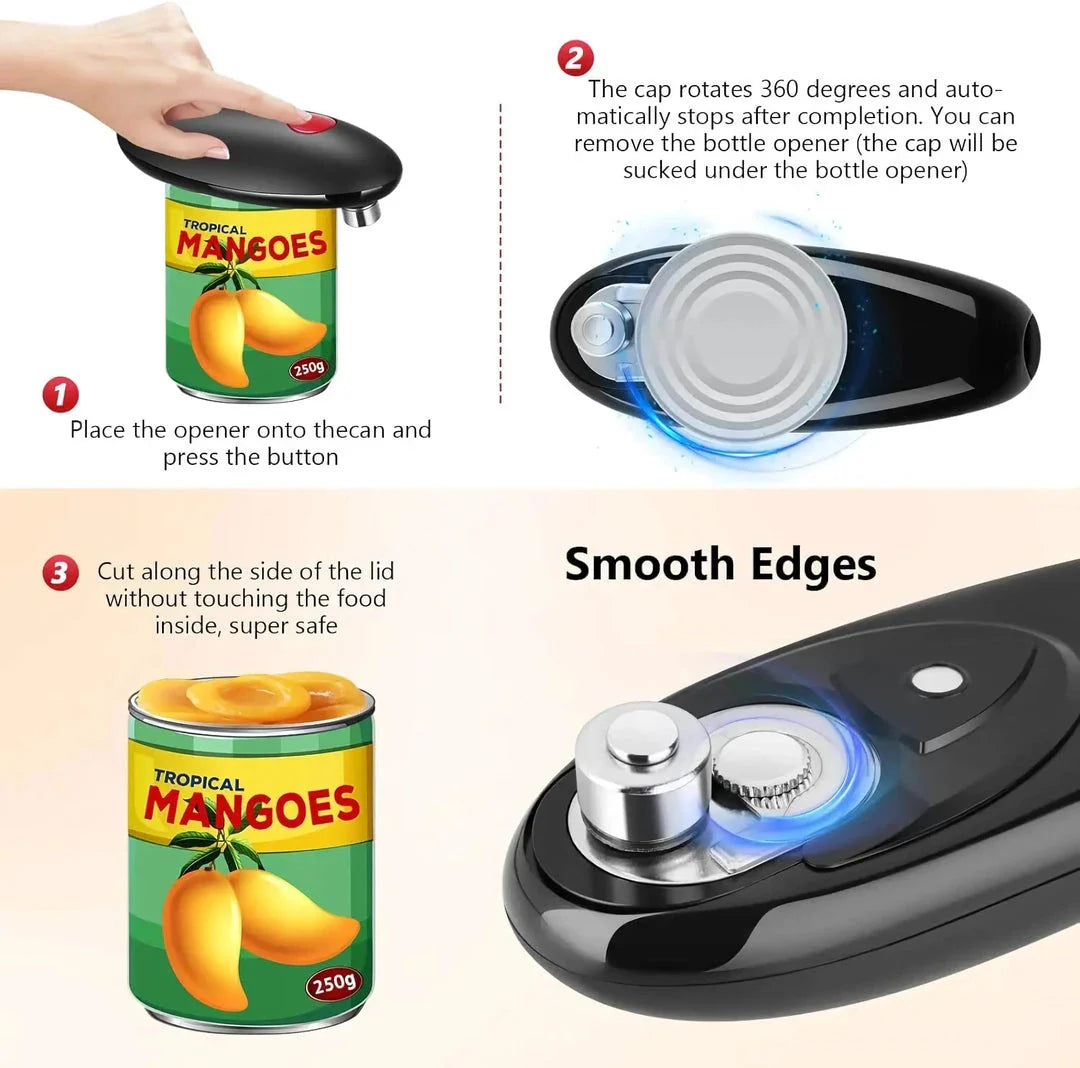 Compact Automatic Can Opener with One-Button Operation, Safe Cutting Mechanism, and Versatile Design for Opening Cans, Jars, and Bottles