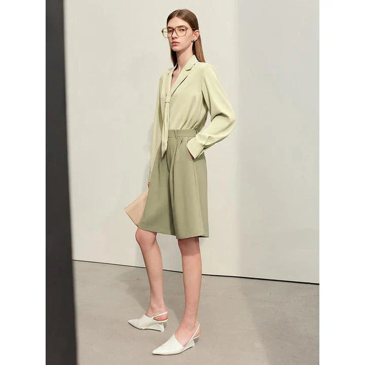 Elegant wide-leg shirred shorts for women, featuring a refined design and comfortable fit for the British summer