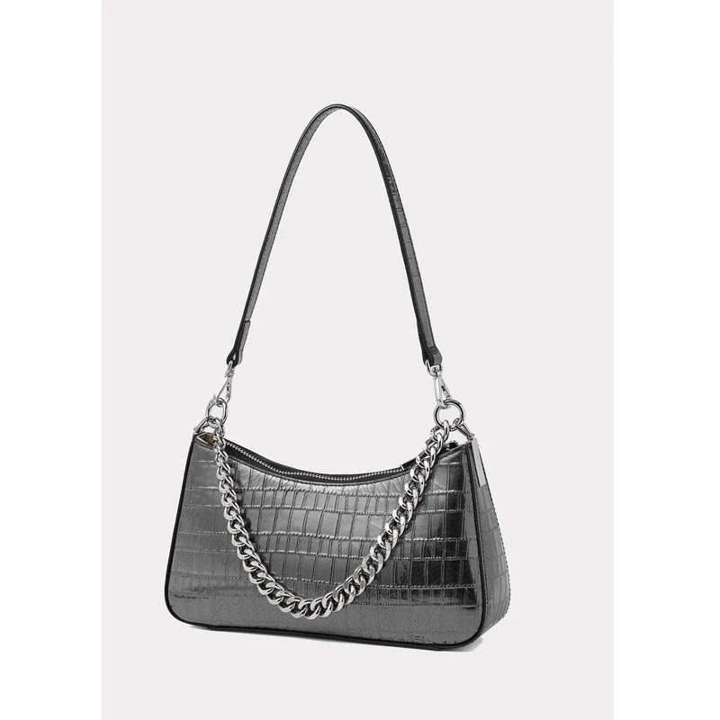 Luxurious alligator-embossed leather shoulder bag with chain accent and stylish lock embellishment