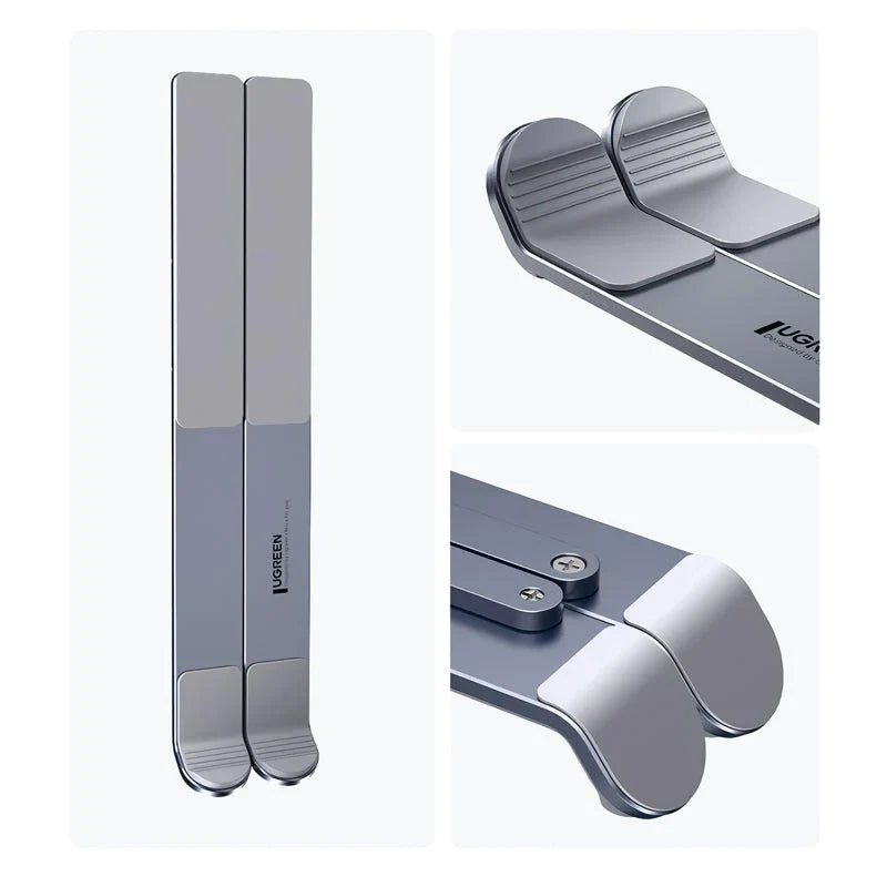 Adjustable and foldable aluminium laptop stand with 5 height levels, cooling design, and skidproof silicone platform