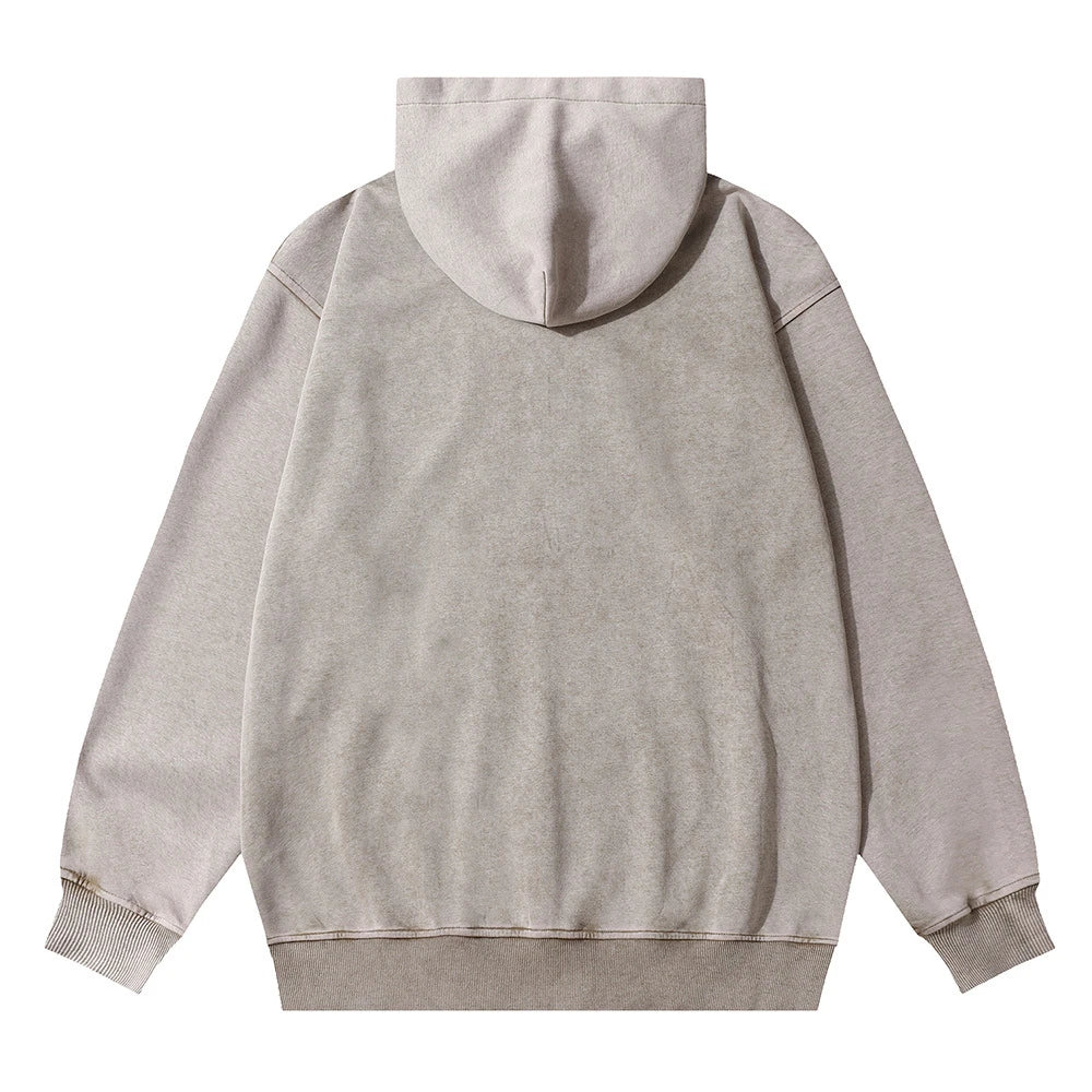 Embroidered cotton hoodie with a letter patch design, available in brown, grey, and black colours and sizes S to XL