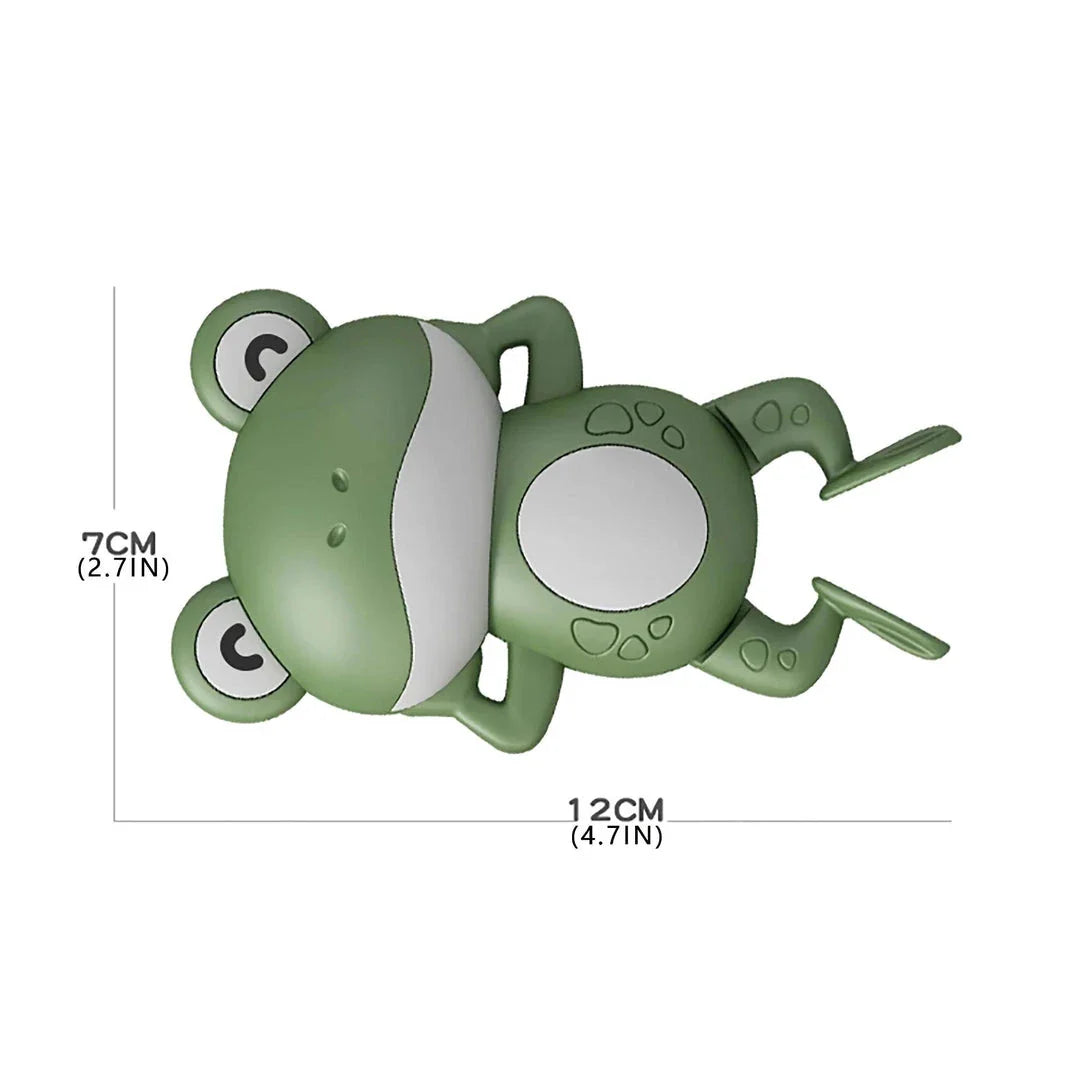 Adorable clockwork-powered frog bath toy with smooth edges for safe, fun playtime in the tub or pool