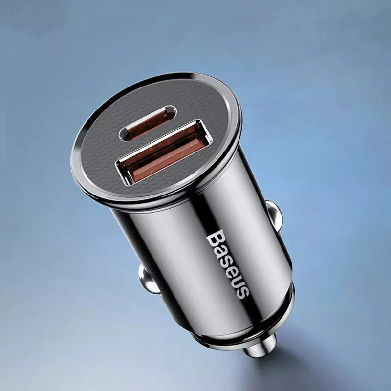 High-Performance 30W Dual-Port Fast Car Charger with USB and USB-C ports for lightning-fast charging on the go