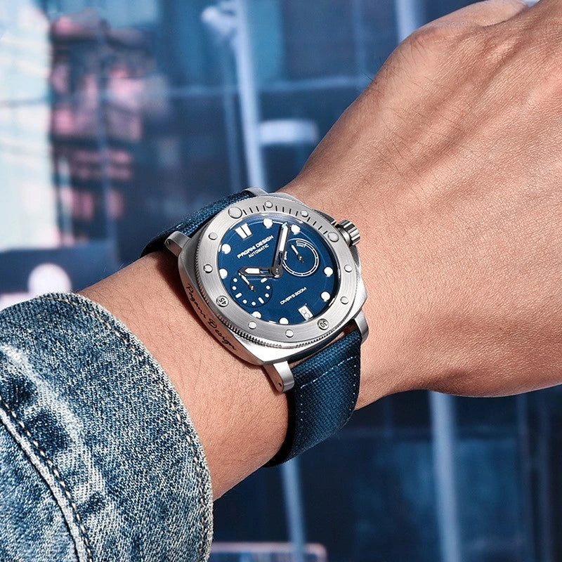Sophisticated waterproof automatic mechanical watch with stainless steel case and textile strap, available in black, grey, green, and blue colour options