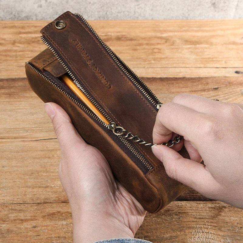 Premium Crazy Horse Leather Double-Zip Portfolio Bag with Sleek Design and Ample Storage Space