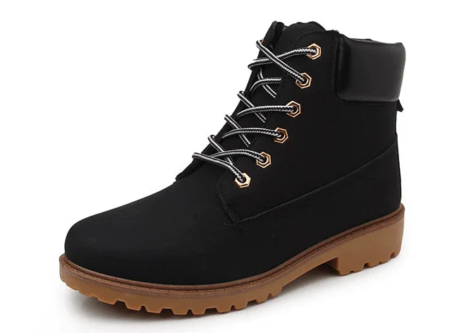 Durable lace-up ankle boots in yellow, featuring a robust rubber sole and faux leather construction for all-weather versatility.
