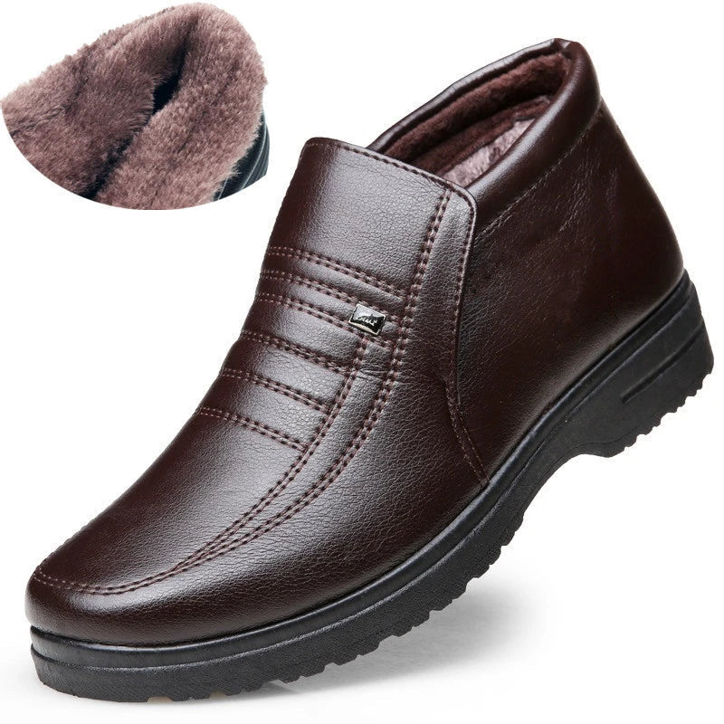 Premium cotton leather men's ankle boots in black and brown, featuring plush lining and durable rubber sole for warmth and stability in cold weather