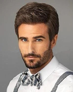 A premium men's wig in a short, straight brown style made with high-quality temperature-resistant fibres for a natural, comfortable fit.