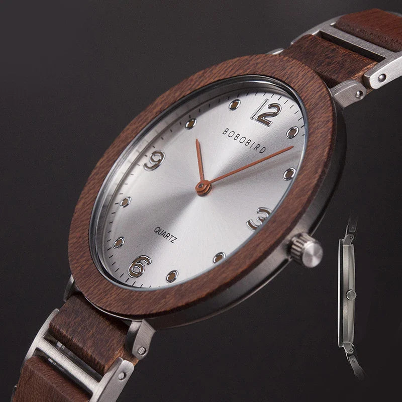 Premium British-made quartz wood watch with waterproof stainless steel construction and mineral-strengthened glass mirror
